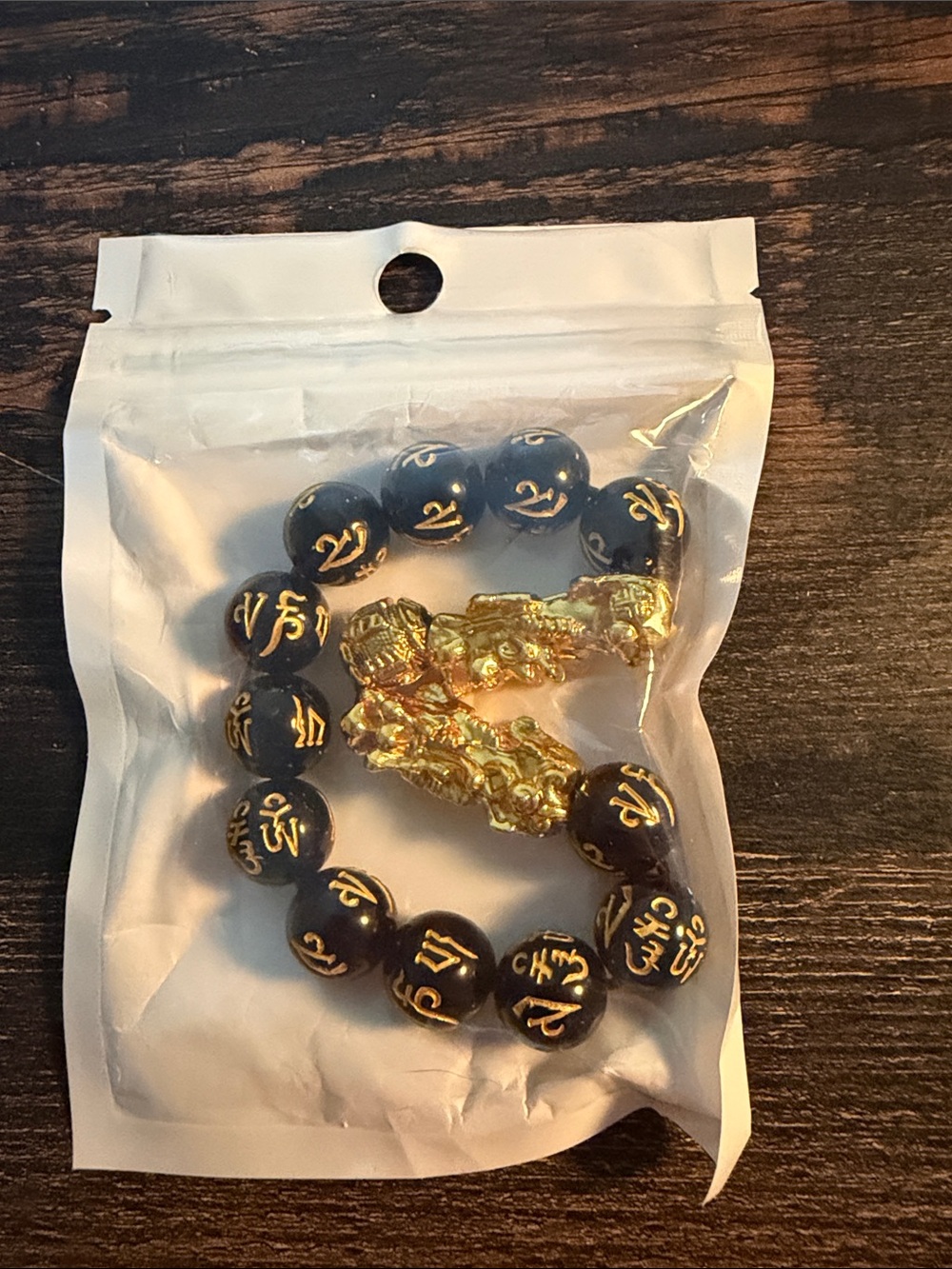 Black and Gold Beaded Feng Shui Bracelet with Pi Xiu